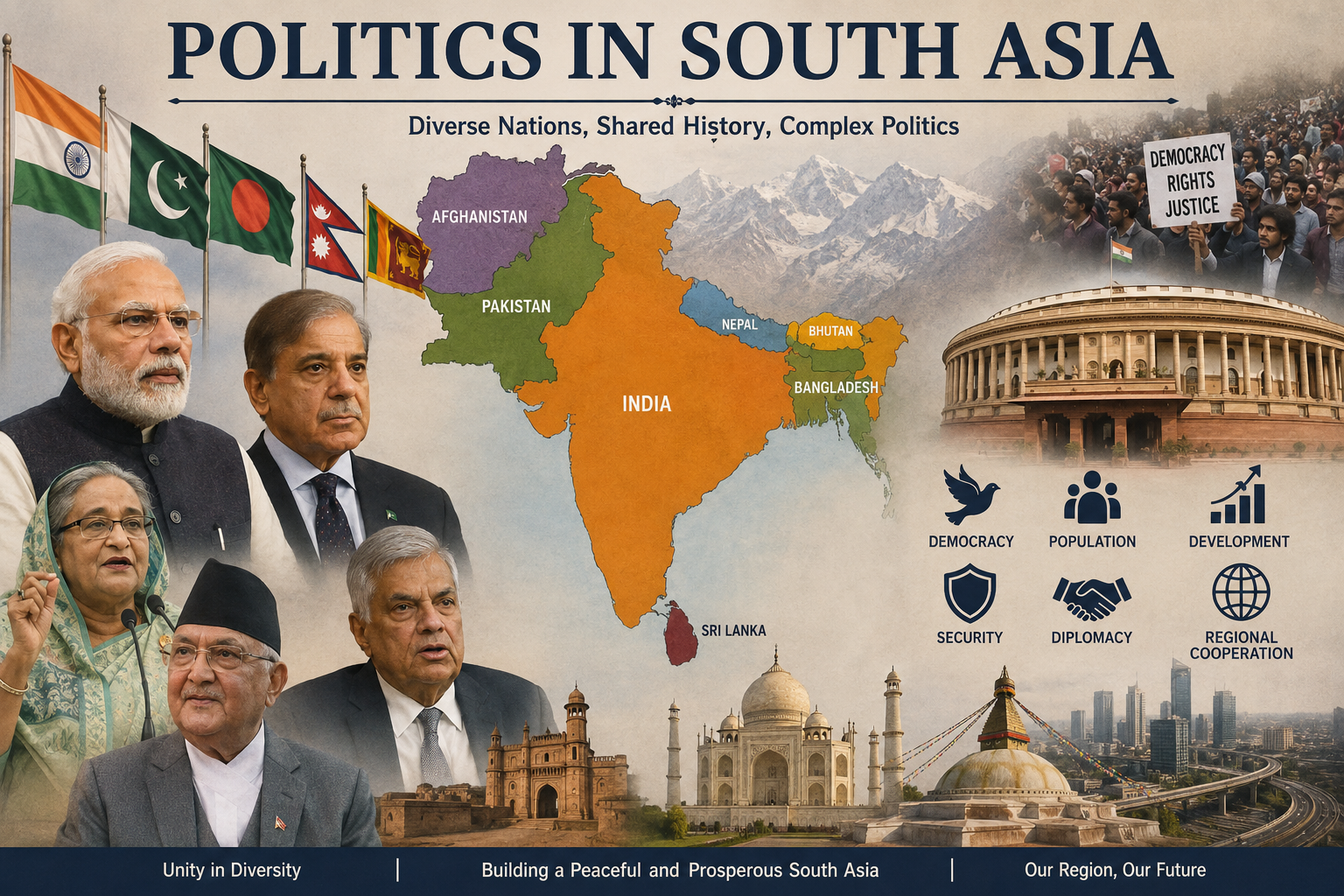 This course offers a comprehensive exploration of the political landscape of South Asia, a region marked by immense diversity, complex histories, and evolving democratic practices. Covering countries such as India, Pakistan, Bangladesh, Nepal, Sri Lanka, Bhutan, and Afghanistan, the course examines the historical foundations, institutional structures, and contemporary political dynamics that shape governance in the region.

Students will engage with key themes including colonial legacies, nation-building, democracy and authoritarianism, electoral politics, identity and ethnicity, religion in politics, and regional conflicts. 